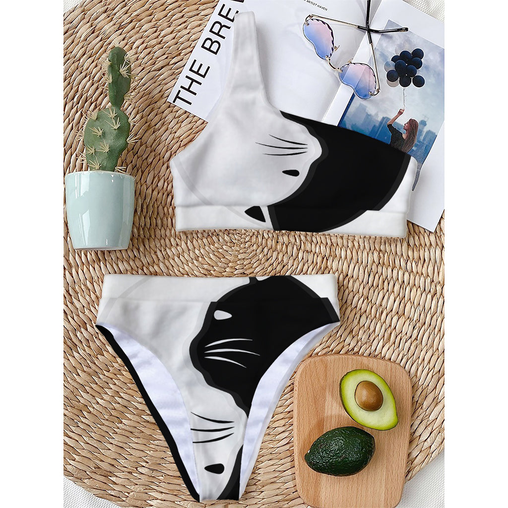 Black And White Cat Yin Yang Print One Shoulder Bikini Top