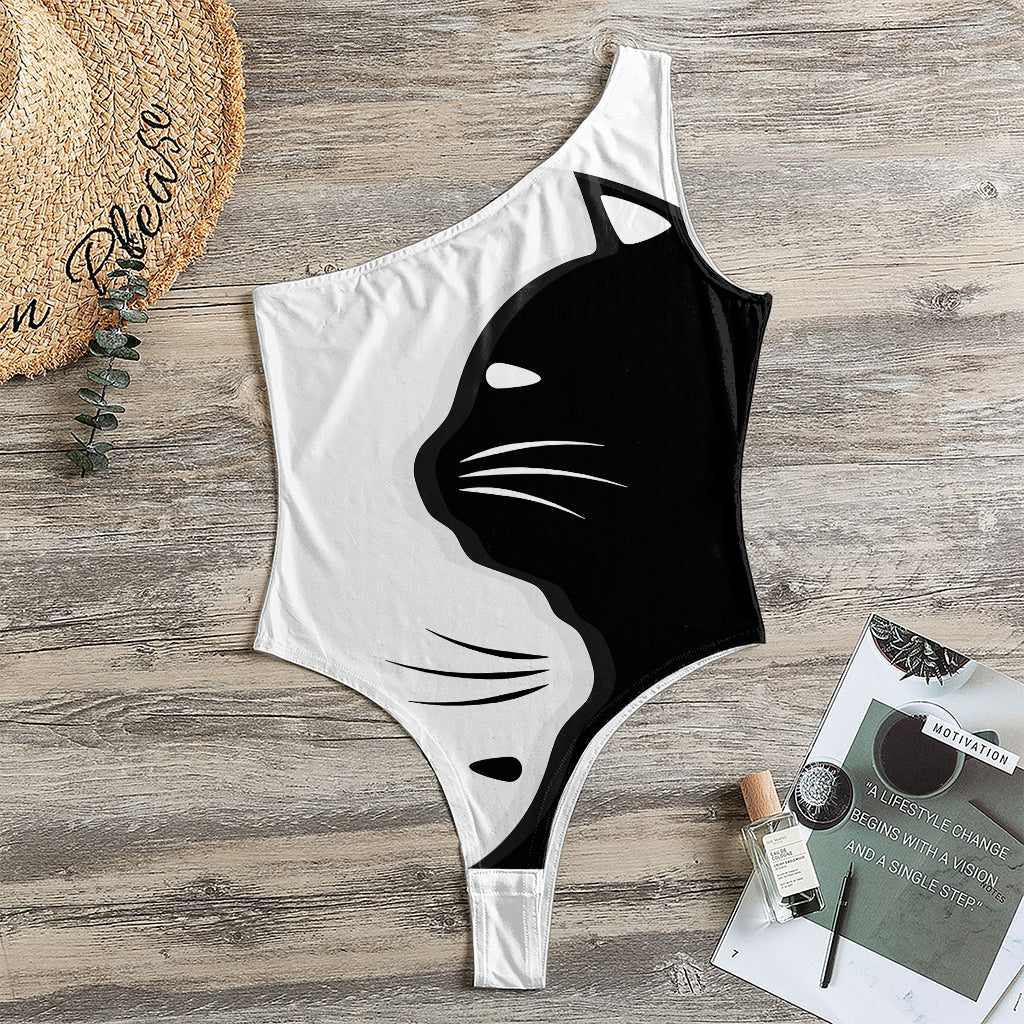 Black And White Cat Yin Yang Print One Shoulder Bodysuit