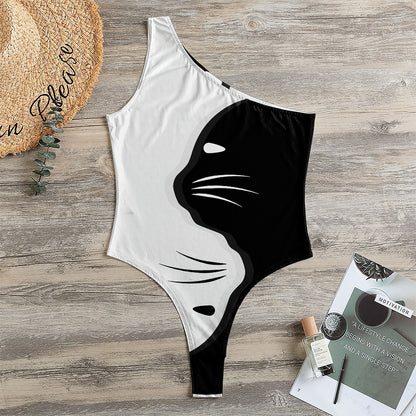 Black And White Cat Yin Yang Print One Shoulder Bodysuit