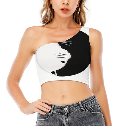 Black And White Cat Yin Yang Print One Shoulder Crop Top