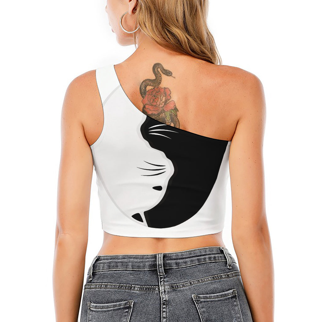 Black And White Cat Yin Yang Print One Shoulder Crop Top