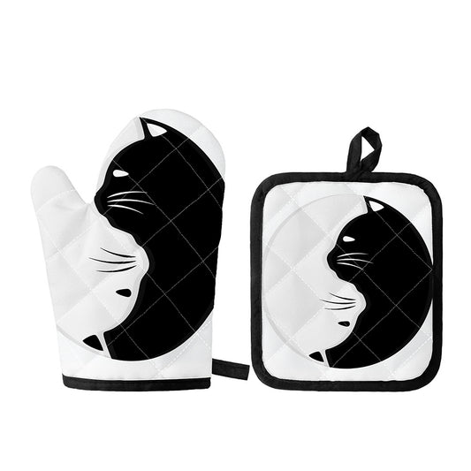 Black And White Cat Yin Yang Print Oven Mitt And Pot Holder Set