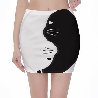 Black And White Cat Yin Yang Print Pencil Mini Skirt