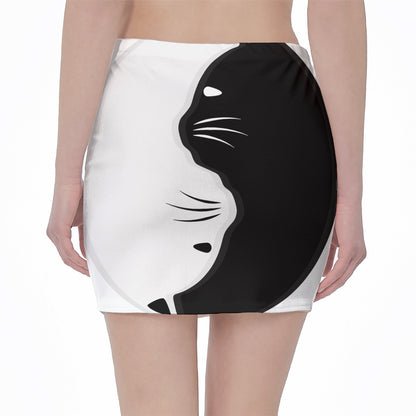 Black And White Cat Yin Yang Print Pencil Mini Skirt