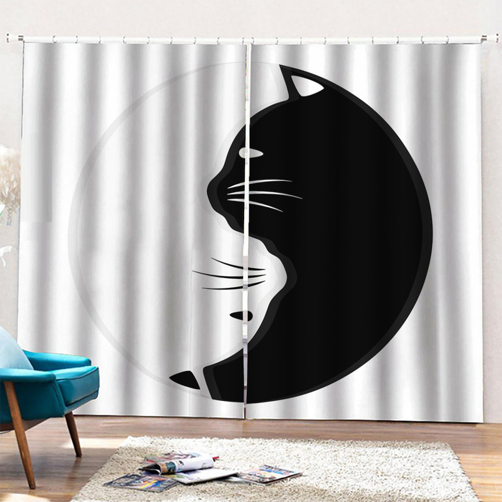 Black And White Cat Yin Yang Print Pencil Pleat Curtains