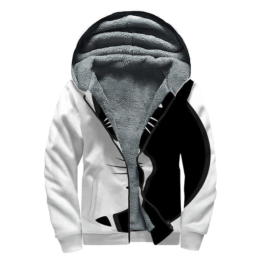 Black And White Cat Yin Yang Print Sherpa Lined Zip Up Hoodie