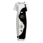 Black And White Cat Yin Yang Print Short Sleeve Long Nightdress