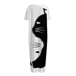 Black And White Cat Yin Yang Print Short Sleeve Long Nightdress