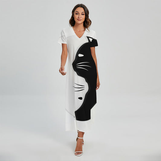 Black And White Cat Yin Yang Print Short Sleeve Maxi Dress