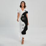 Black And White Cat Yin Yang Print Short Sleeve Maxi Dress