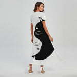 Black And White Cat Yin Yang Print Short Sleeve Maxi Dress