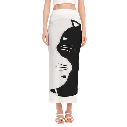 Black And White Cat Yin Yang Print Side Slit Maxi Skirt