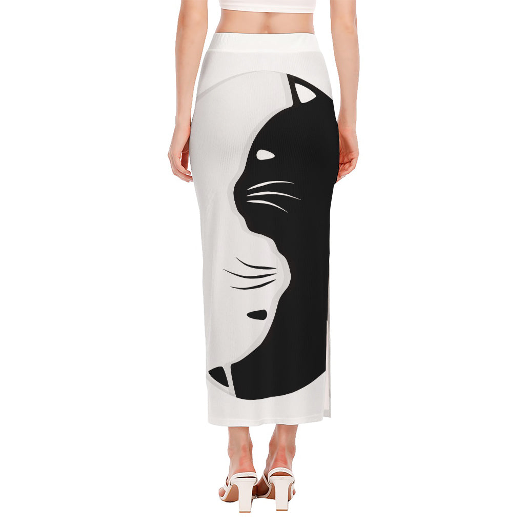 Black And White Cat Yin Yang Print Side Slit Maxi Skirt
