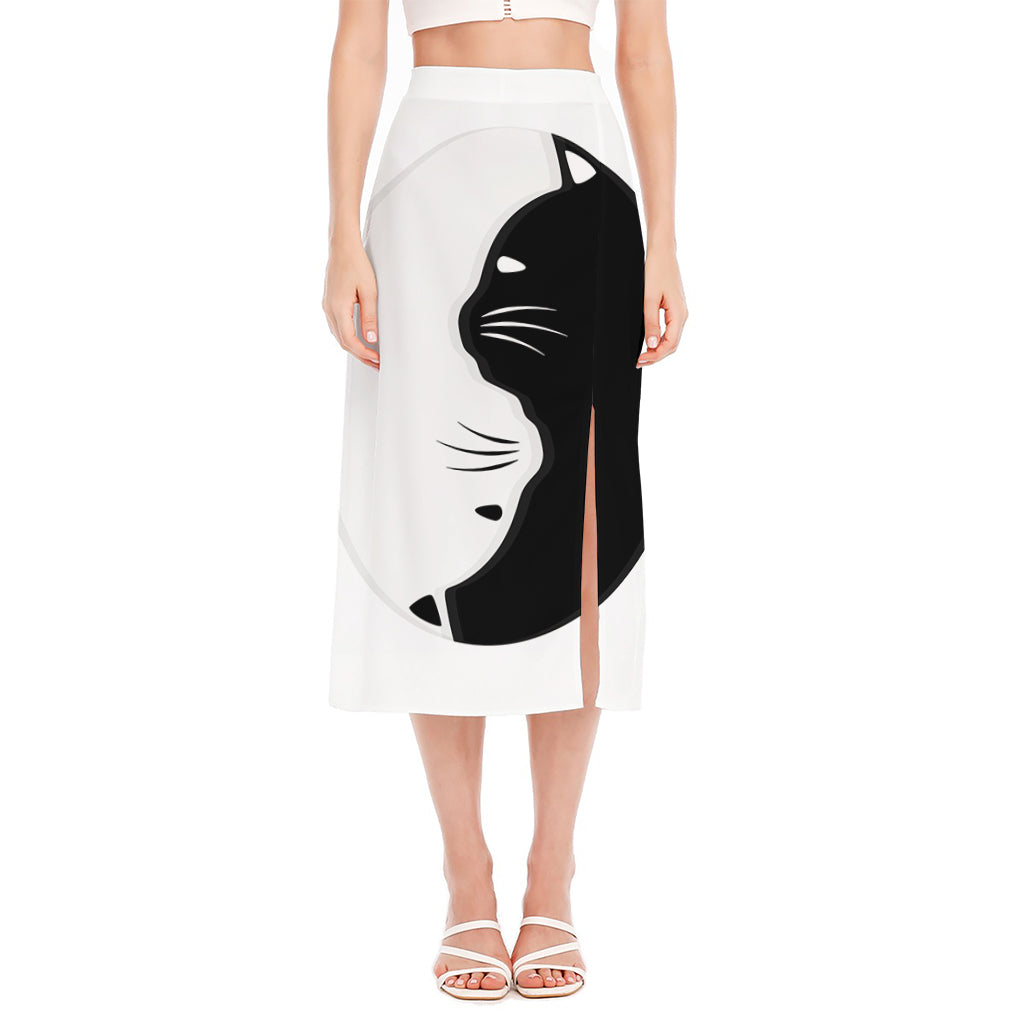 Black And White Cat Yin Yang Print Side Slit Midi Skirt