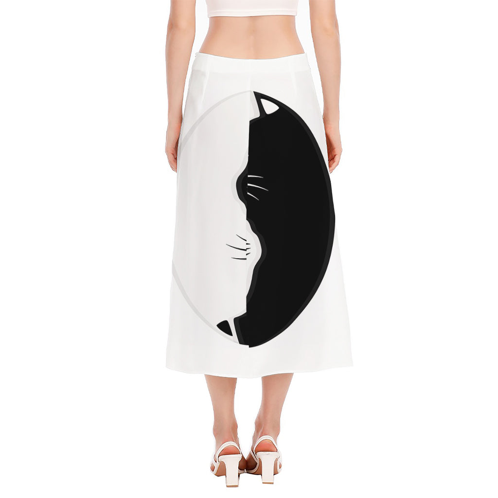 Black And White Cat Yin Yang Print Side Slit Midi Skirt