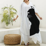 Black And White Cat Yin Yang Print Silk V-Neck Kaftan Dress