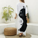 Black And White Cat Yin Yang Print Silk V-Neck Kaftan Dress