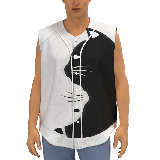 Black And White Cat Yin Yang Print Sleeveless Baseball Jersey