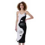 Black And White Cat Yin Yang Print Slim Fit Midi Cami Dress