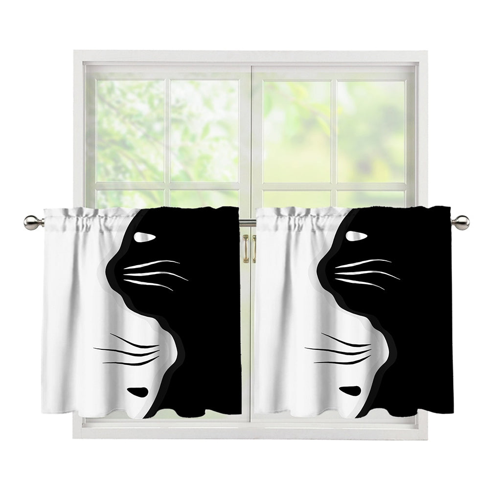 Black And White Cat Yin Yang Print Tier Curtains
