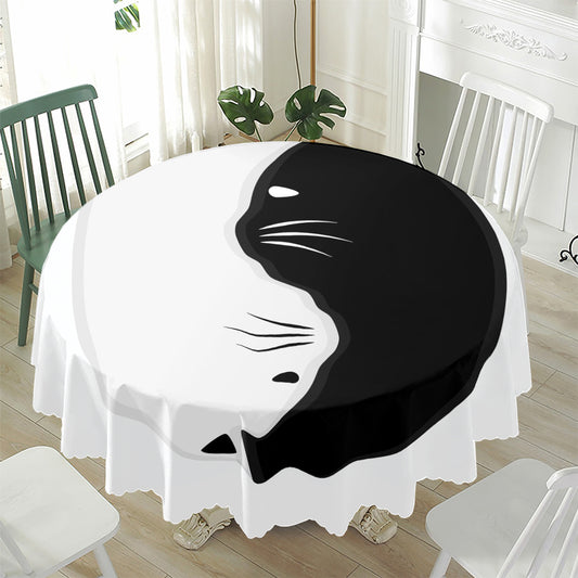 Black And White Cat Yin Yang Print Waterproof Round Tablecloth
