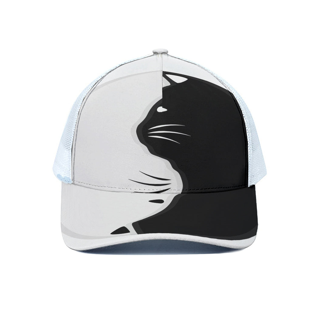 Black And White Cat Yin Yang Print White Mesh Trucker Cap