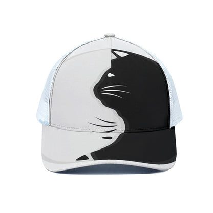 Black And White Cat Yin Yang Print White Mesh Trucker Cap