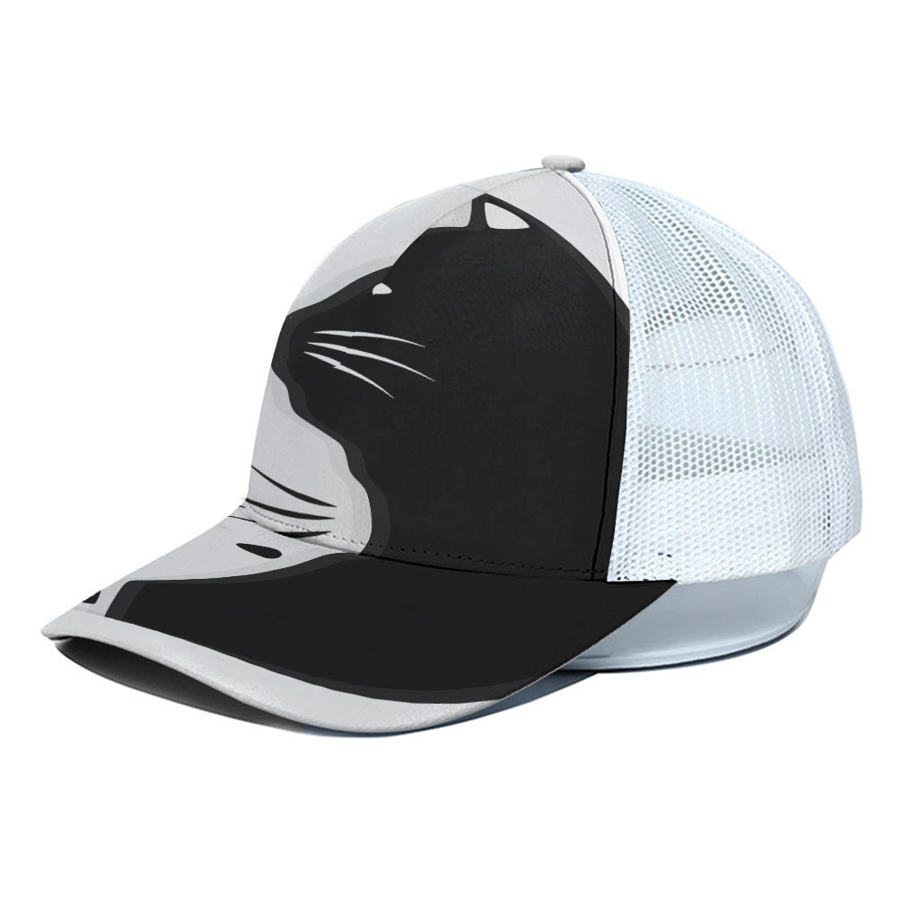 Black And White Cat Yin Yang Print White Mesh Trucker Cap