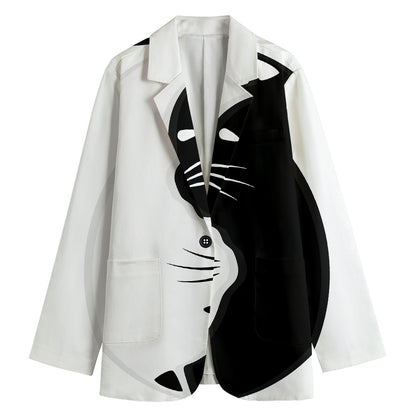 Black And White Cat Yin Yang Print Women's Cotton Blazer