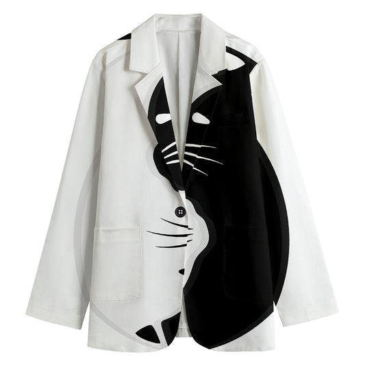 Black And White Cat Yin Yang Print Women's Cotton Blazer