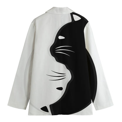 Black And White Cat Yin Yang Print Women's Cotton Blazer
