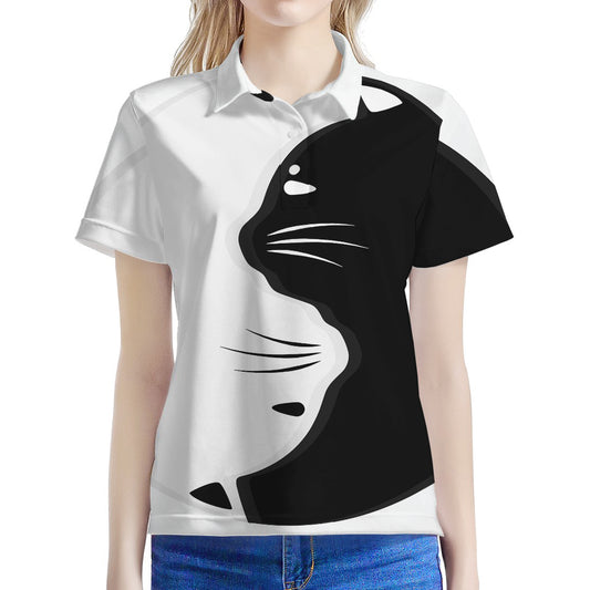 Black And White Cat Yin Yang Print Women's Polo Shirt