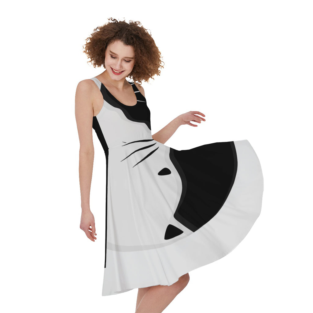 Black And White Cat Yin Yang Print Women's Sleeveless Dress