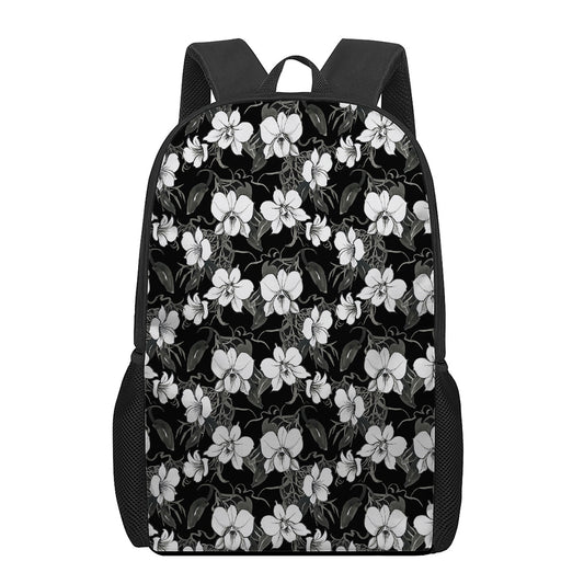 Black And White Cattleya Pattern Print 17 Inch Backpack