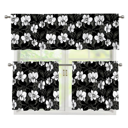 Black And White Cattleya Pattern Print 3 Piece Kitchen Curtains