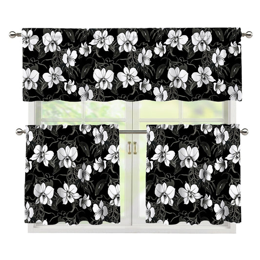Black And White Cattleya Pattern Print 3 Piece Kitchen Curtains