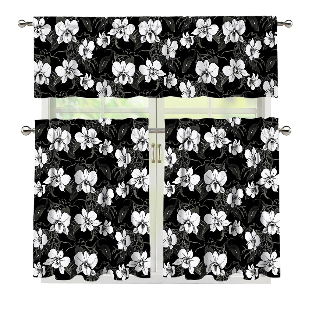Black And White Cattleya Pattern Print 3 Piece Kitchen Curtains