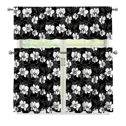 Black And White Cattleya Pattern Print 3 Piece Kitchen Curtains