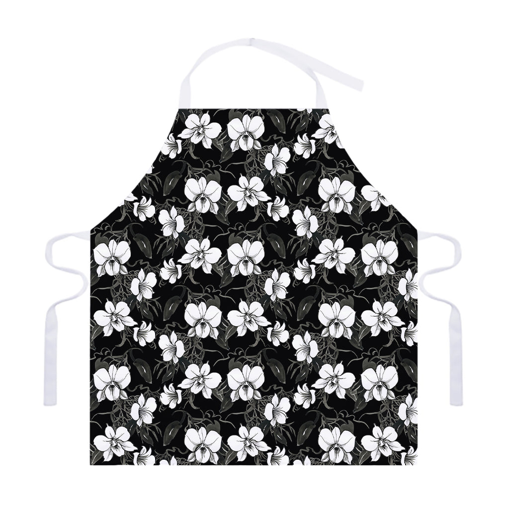 Black And White Cattleya Pattern Print Adjustable Apron