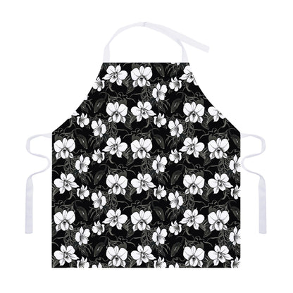 Black And White Cattleya Pattern Print Adjustable Apron