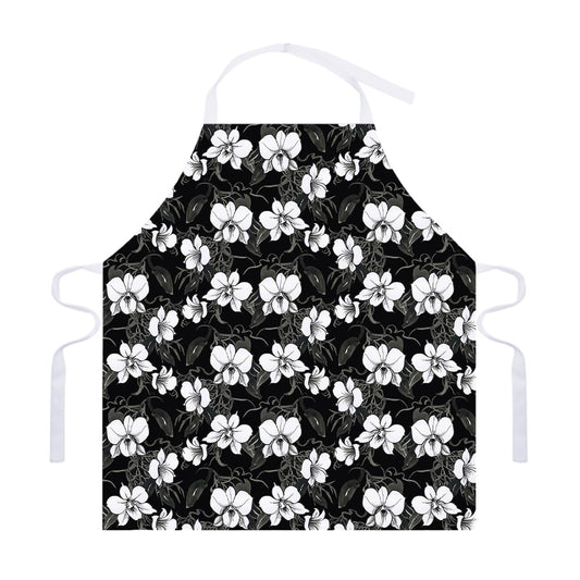Black And White Cattleya Pattern Print Adjustable Apron