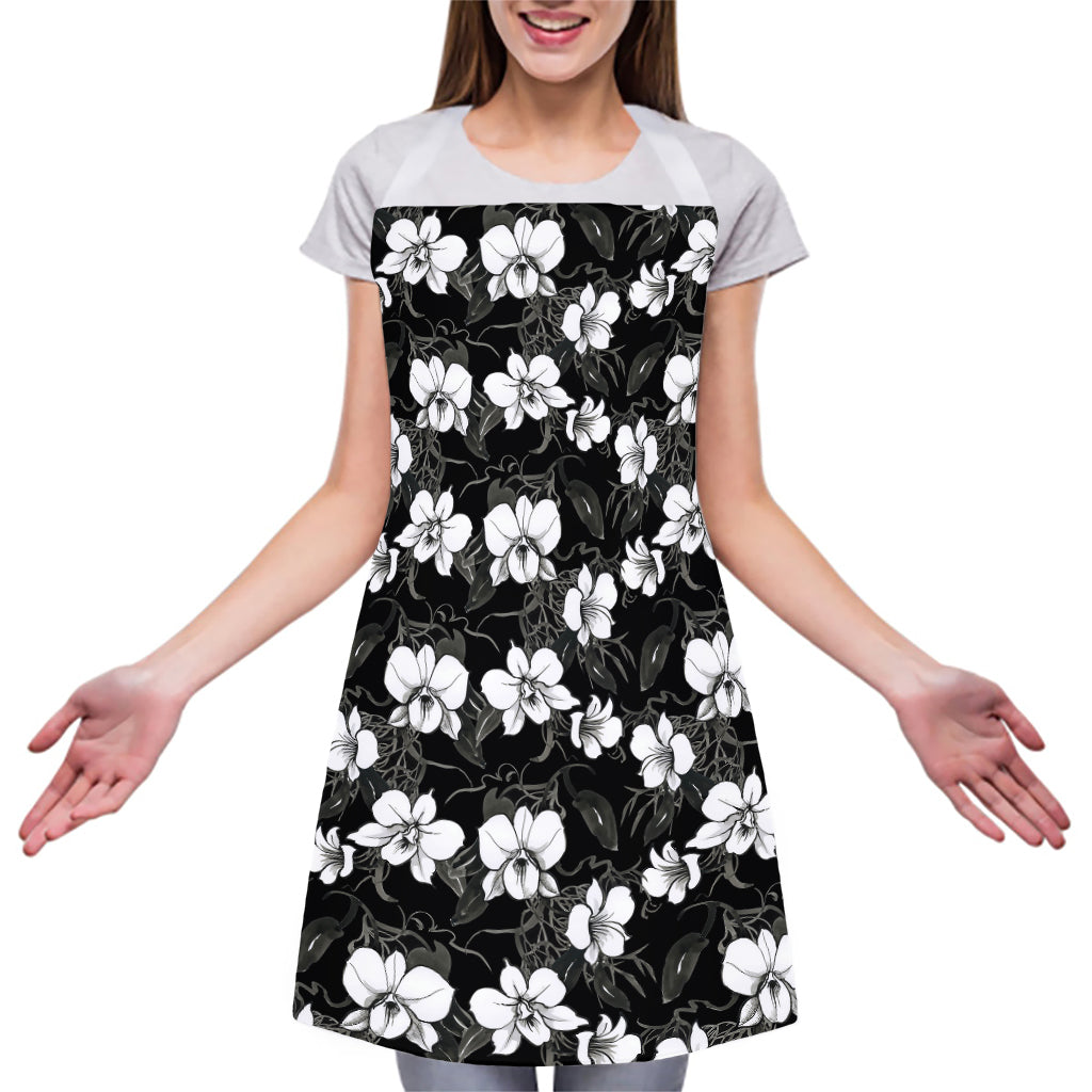 Black And White Cattleya Pattern Print Adjustable Apron