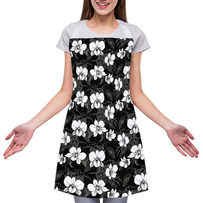Black And White Cattleya Pattern Print Adjustable Apron