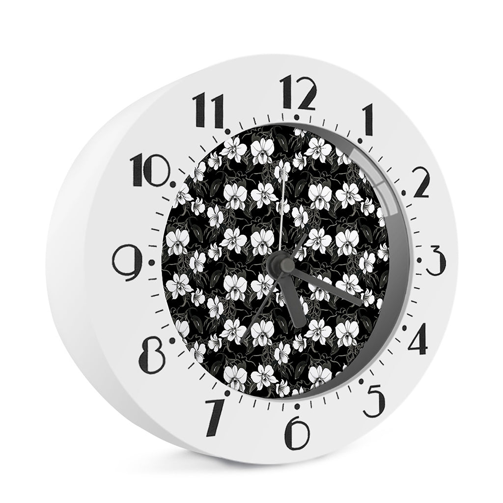 Black And White Cattleya Pattern Print Alarm Clock