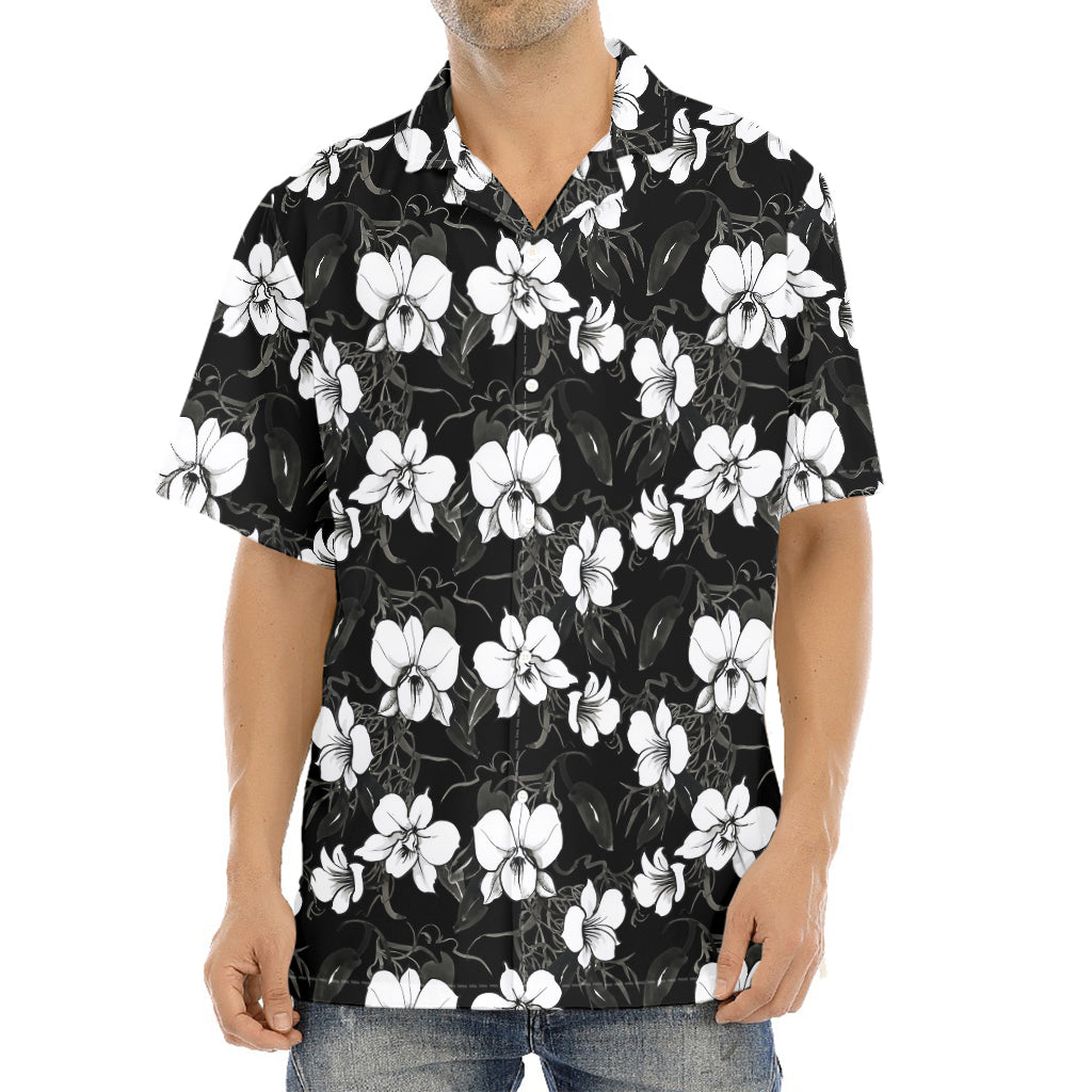 Black And White Cattleya Pattern Print Aloha Shirt