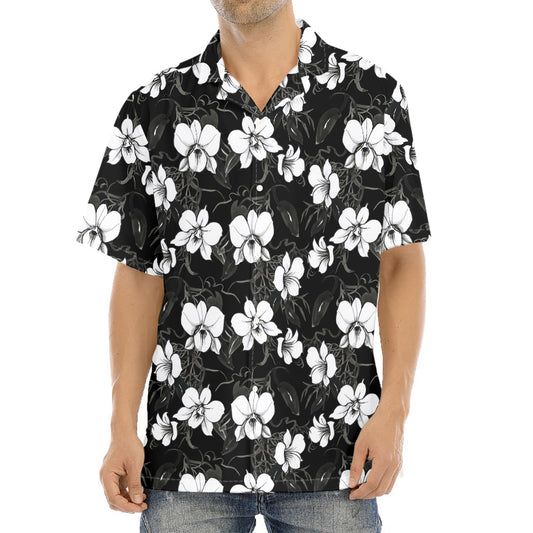 Black And White Cattleya Pattern Print Aloha Shirt