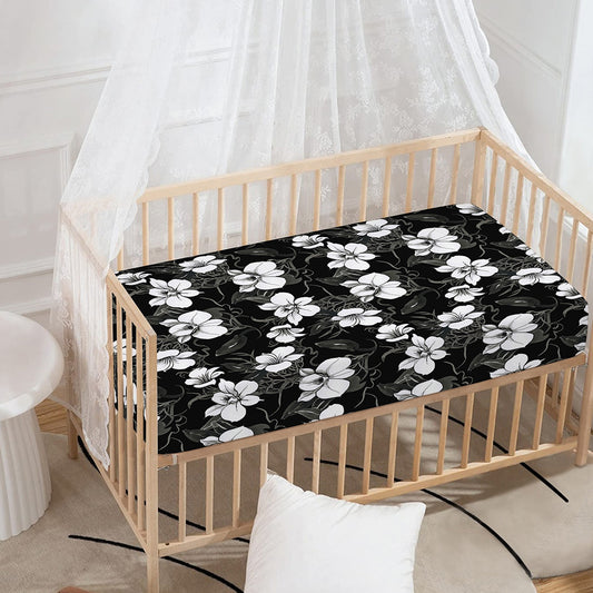 Black And White Cattleya Pattern Print Baby Crib Sheet