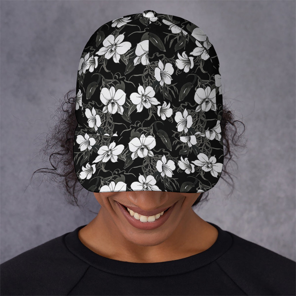 Black And White Cattleya Pattern Print Baseball Cap