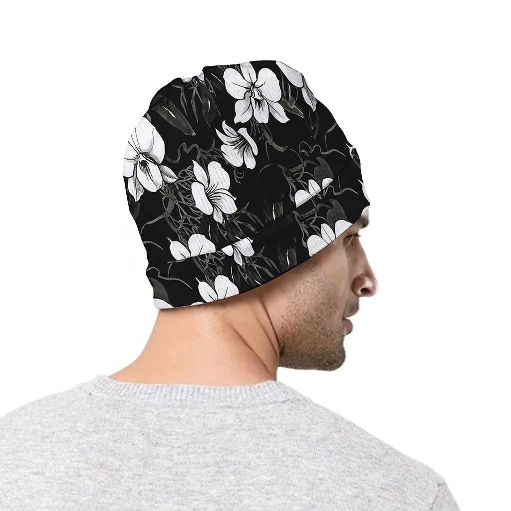 Black And White Cattleya Pattern Print Beanie