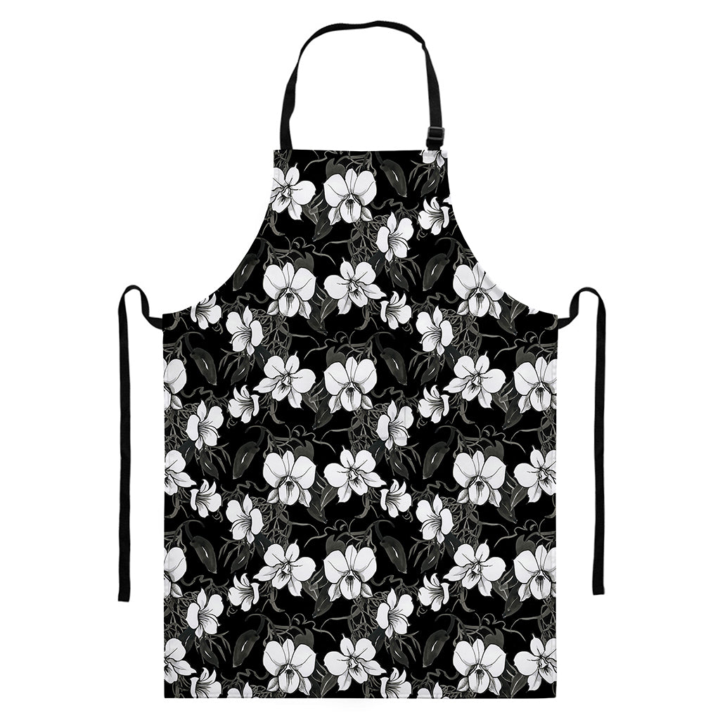 Black And White Cattleya Pattern Print Bib Apron With Pocket